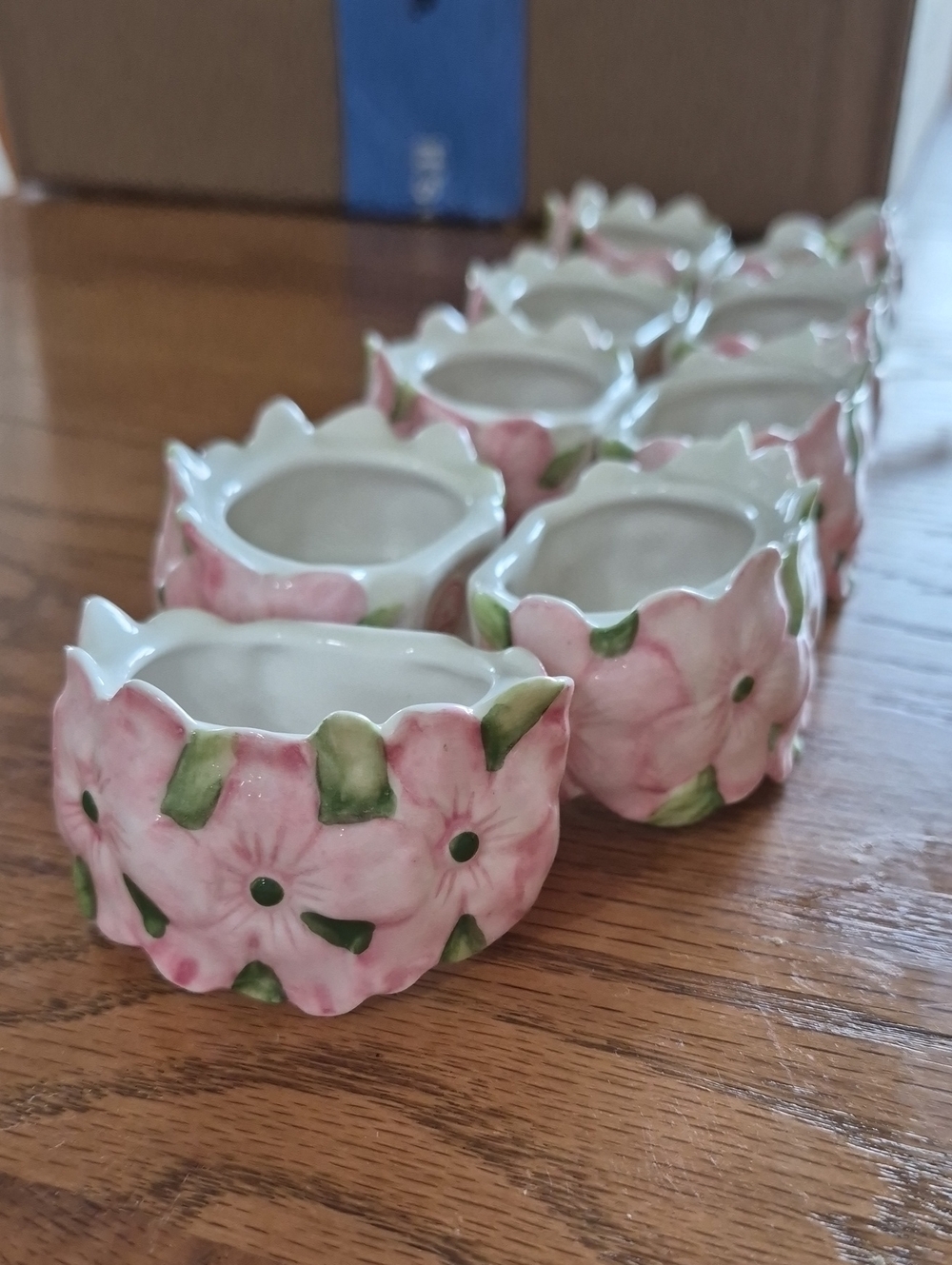 Hand-Painted Pink Floral Ceramic Napkin Rings - Set of 9